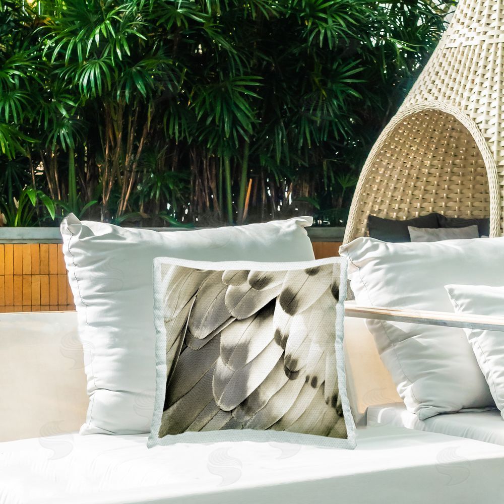 Julia Bosco Sleek Feathers Close Up Outdoor Quick-Dry Polyester Printed Throw Pillow in Back Yard