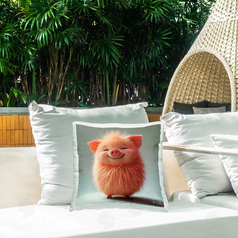RB Smiling Fluffy Piglet Outdoor Quick-Dry Polyester Printed Throw Pillow in Back Yard
