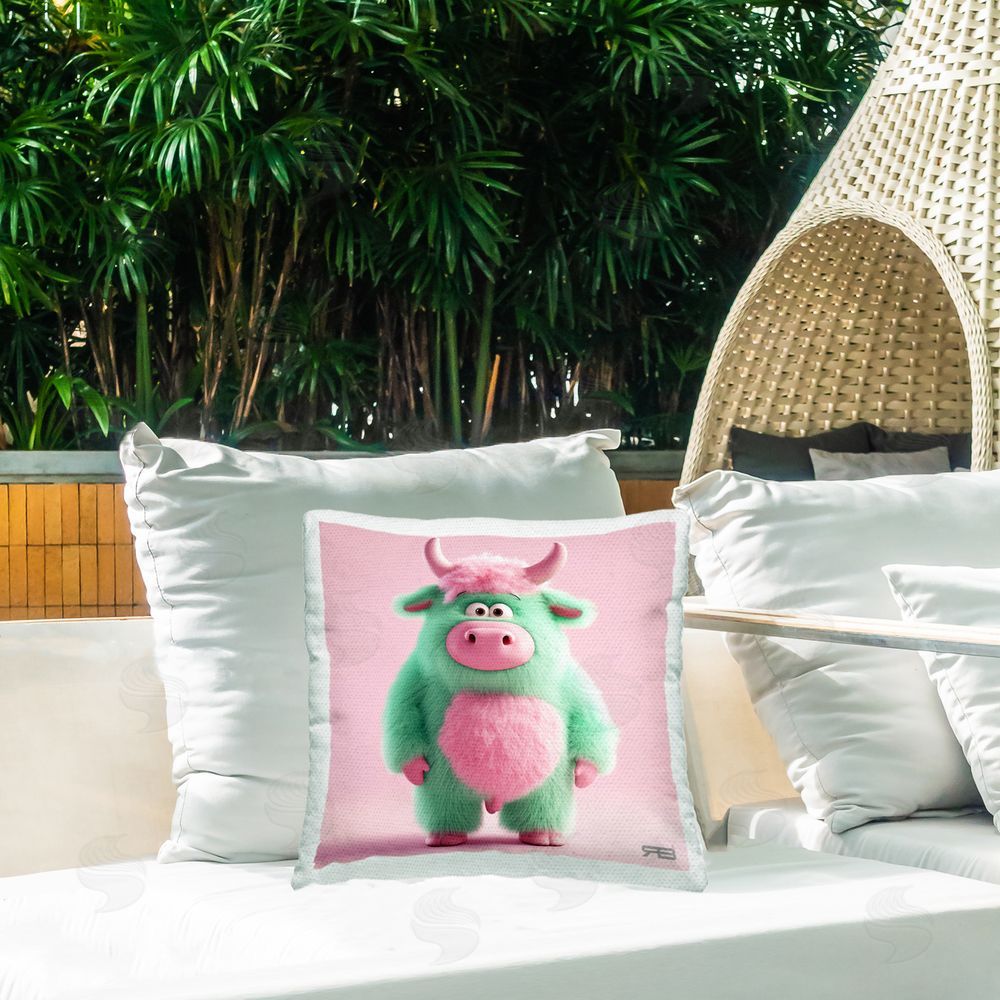 RB Silly Green Cow Outdoor Quick-Dry Polyester Printed Throw Pillow in Back Yard