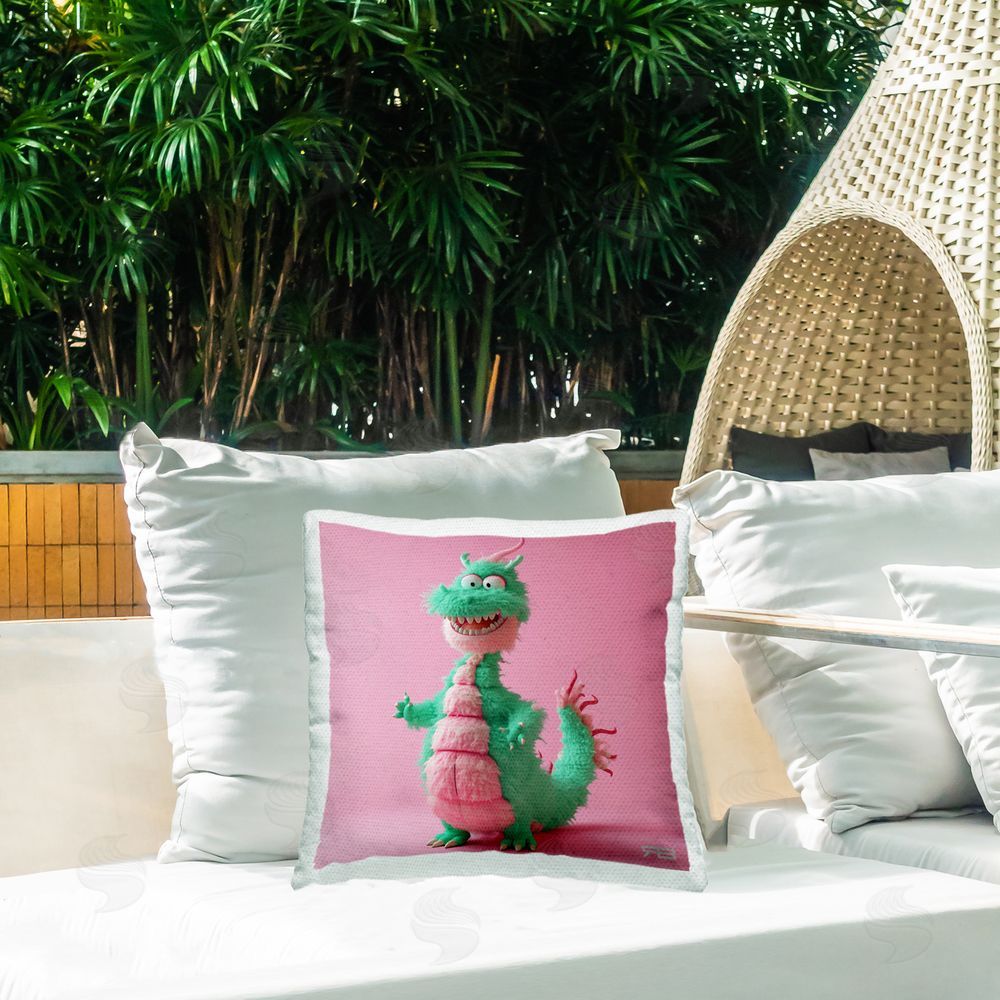RB Happy Green Dragon Outdoor Quick-Dry Polyester Printed Throw Pillow in Back Yard