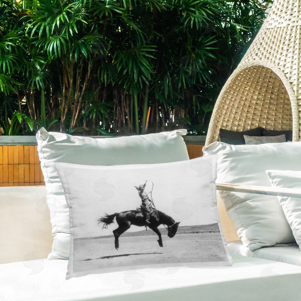 Stupell Studio Galloping Rodeo Cowgirl Outdoor Quick-Dry Polyester Printed Throw Pillow in Back Yard