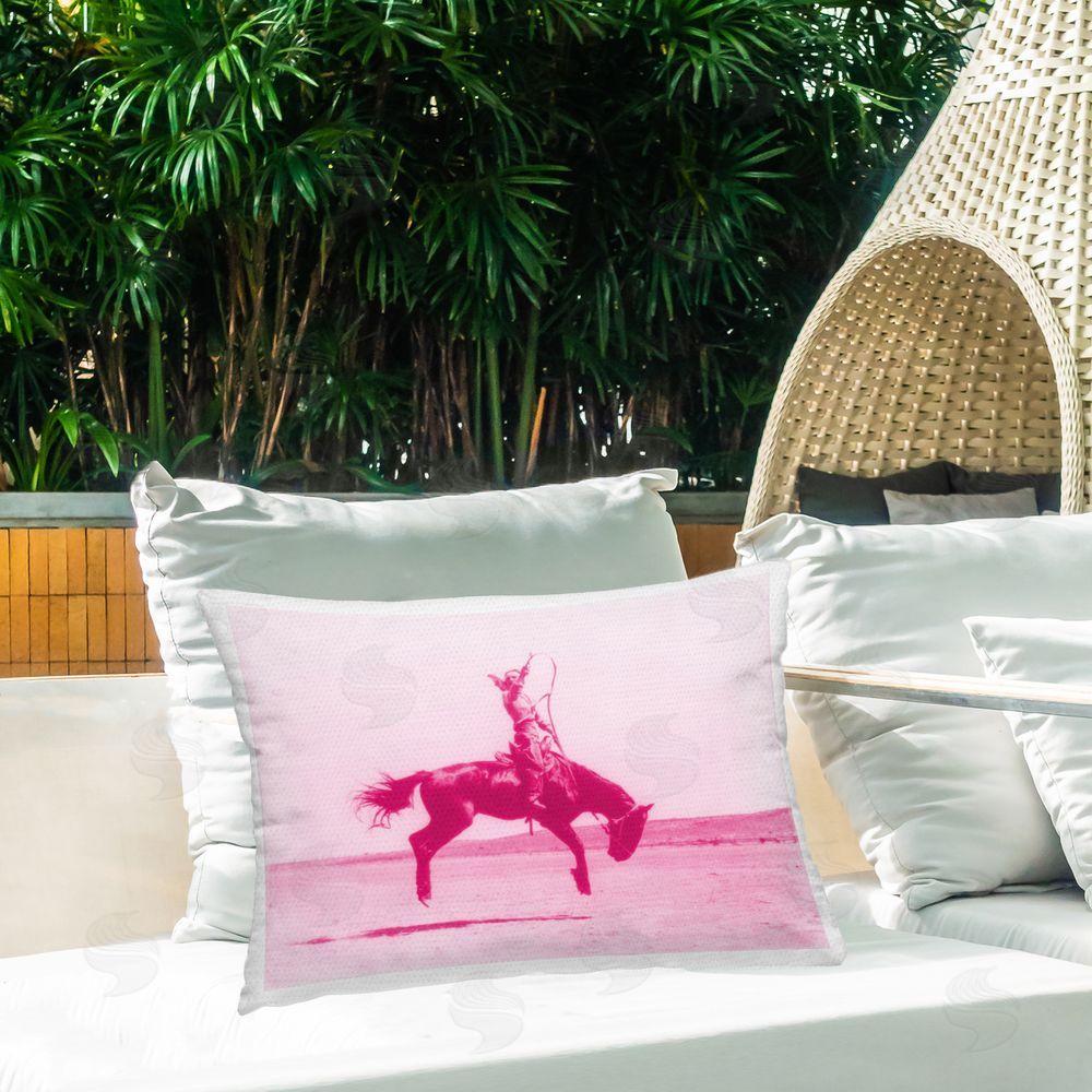Stupell Studio Pink Galloping Cowgirl Outdoor Quick-Dry Polyester Printed Throw Pillow in Back Yard