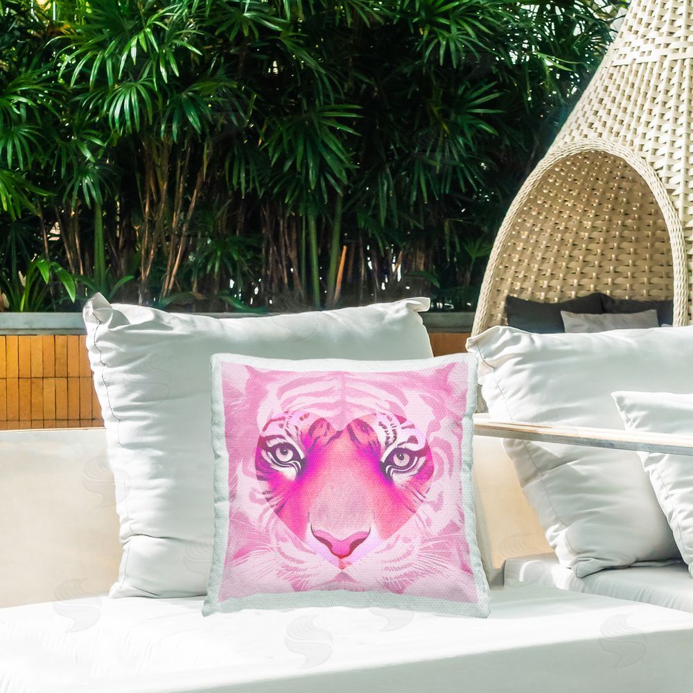 Stupell Studio Pink Heart Tiger Face Outdoor Quick-Dry Polyester Printed Throw Pillow in Back Yard