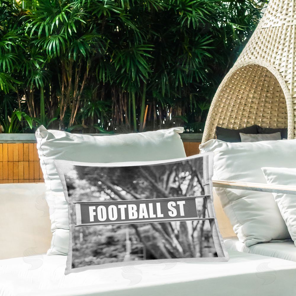 Stupell Studio Football Street Sign Outdoor Quick-Dry Polyester Printed Throw Pillow in Back Yard