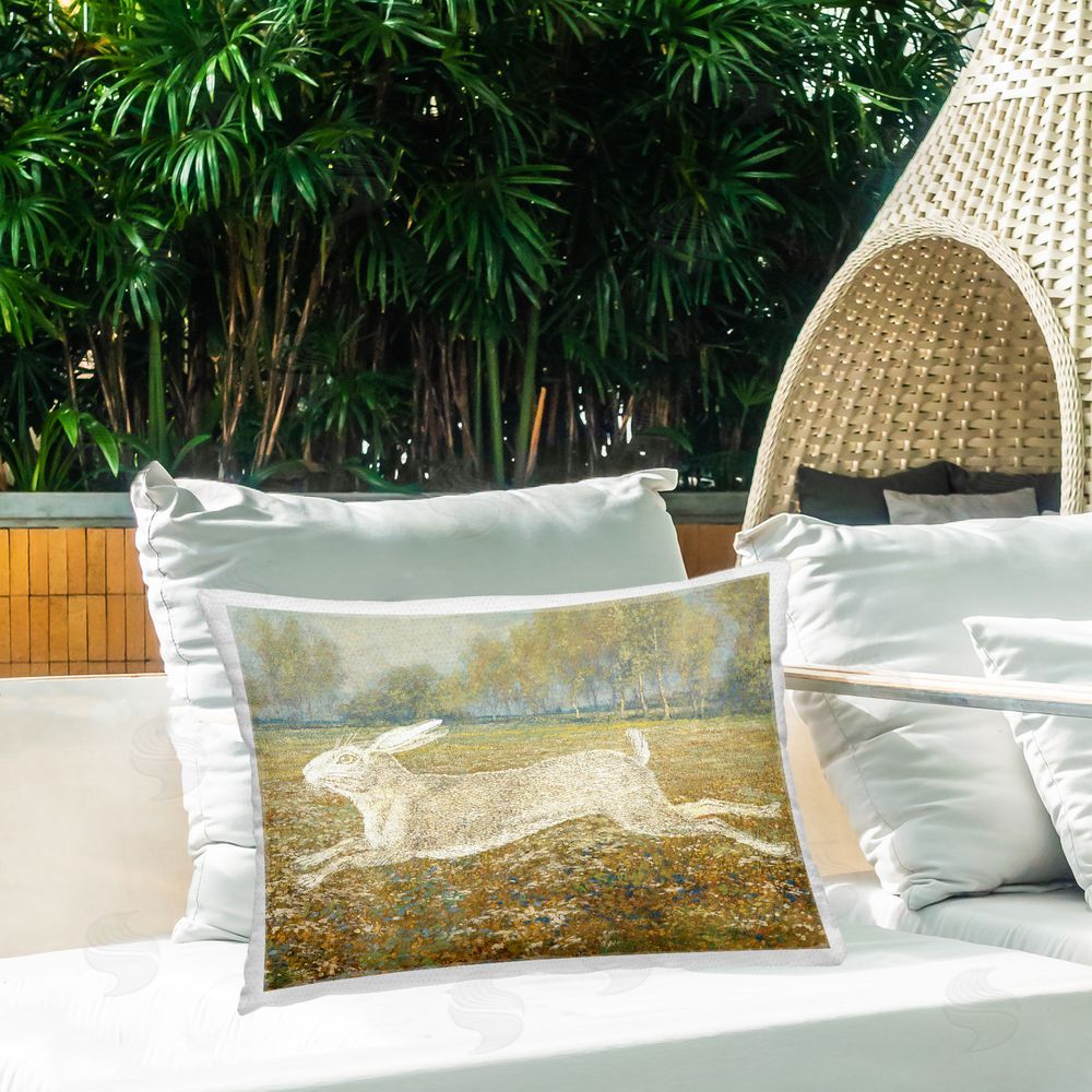 Stupell Studio Impressionist Jumping Hare Outdoor Quick-Dry Polyester Printed Throw Pillow in Back Yard