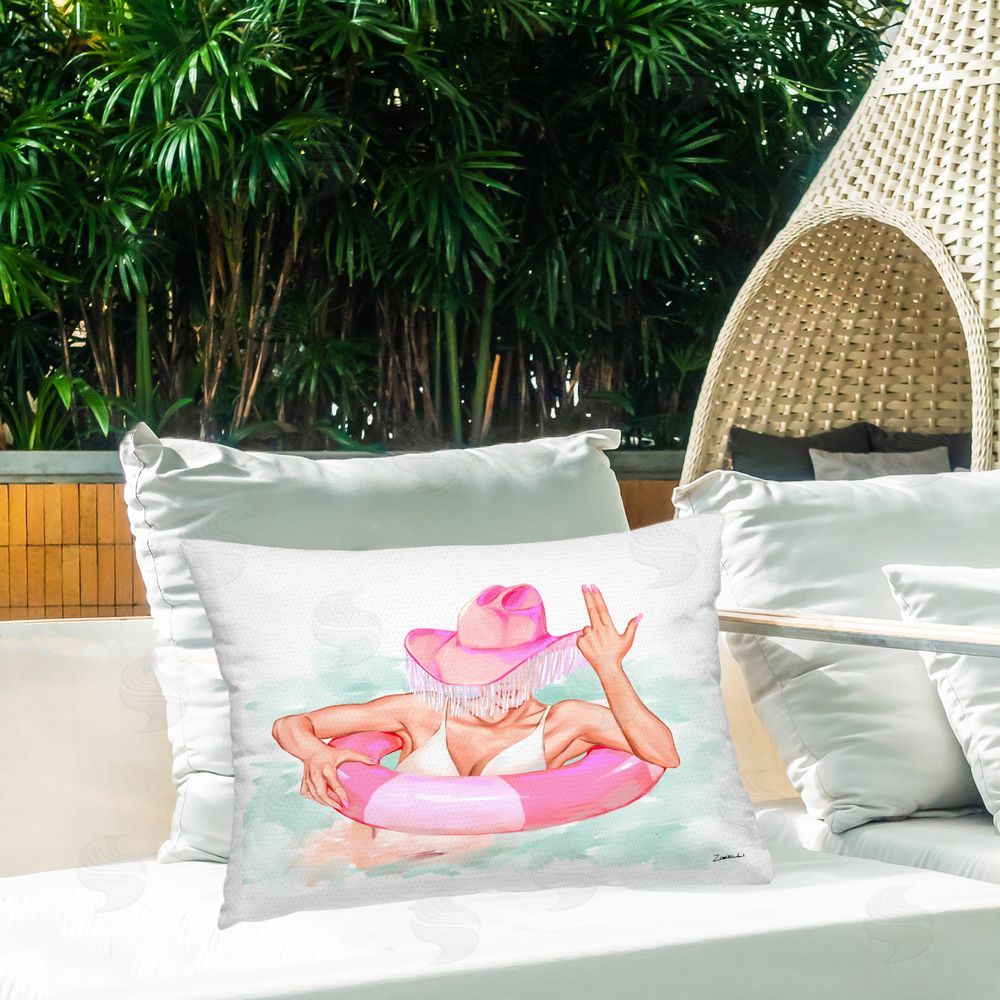 Ziwei Li Coastal Cowgirl in Pool Outdoor Quick-Dry Polyester Printed Throw Pillow in Back Yard