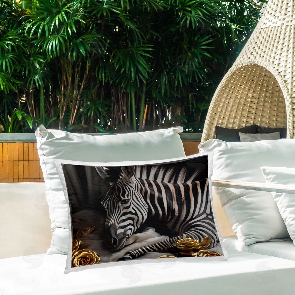 Ziwei Li Zebra & Gold Rose Outdoor Quick-Dry Polyester Printed Throw Pillow in Back Yard