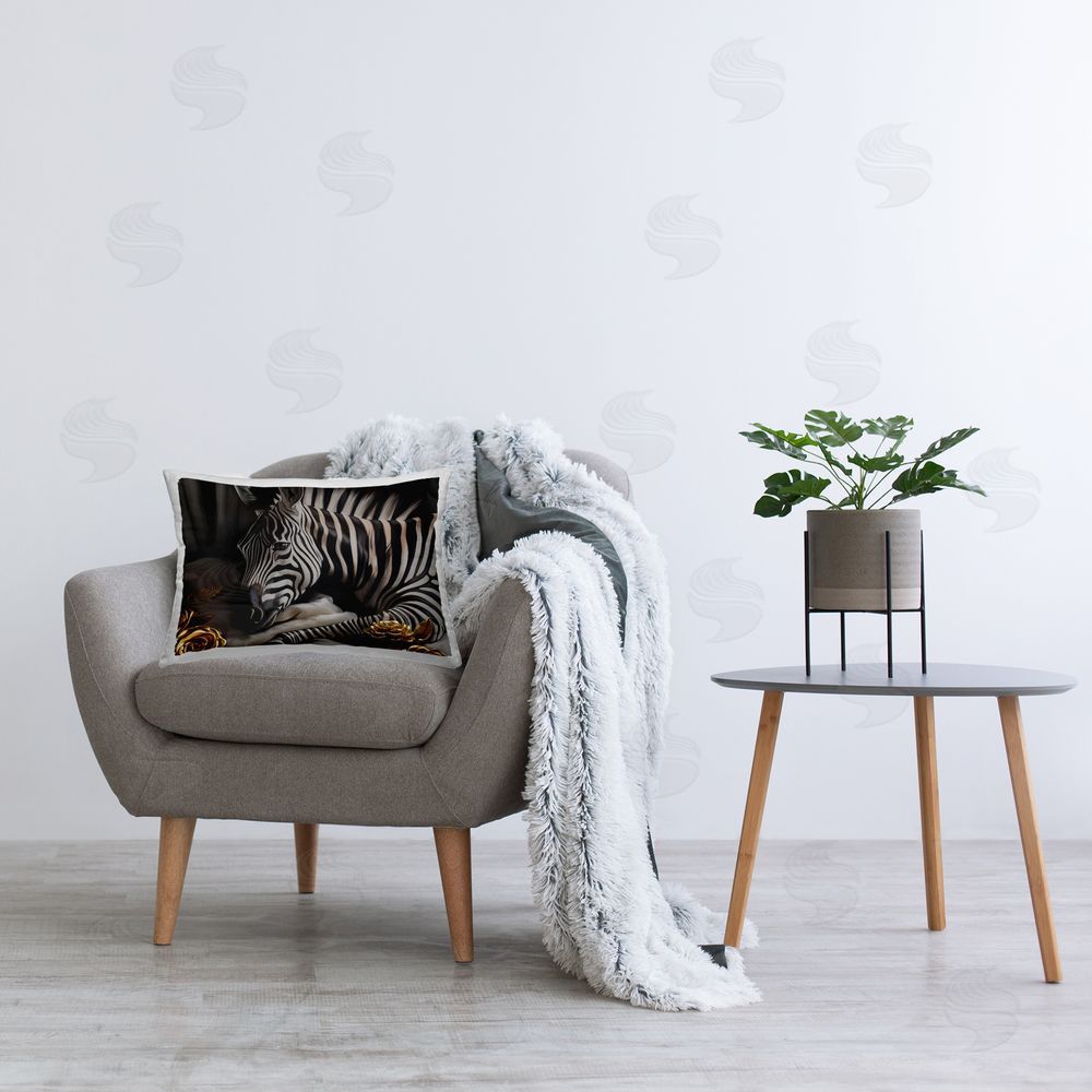 Ziwei Li Zebra & Gold Rose Printed Plush Polyester Throw Pillow On Chair