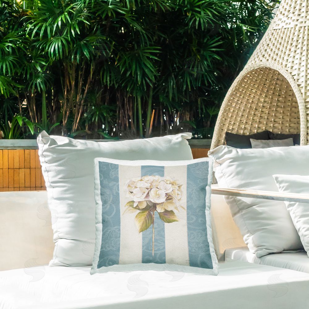 Patricia Pinto Hydrangea Sprig on Stripes Outdoor Quick-Dry Polyester Printed Throw Pillow in Back Yard