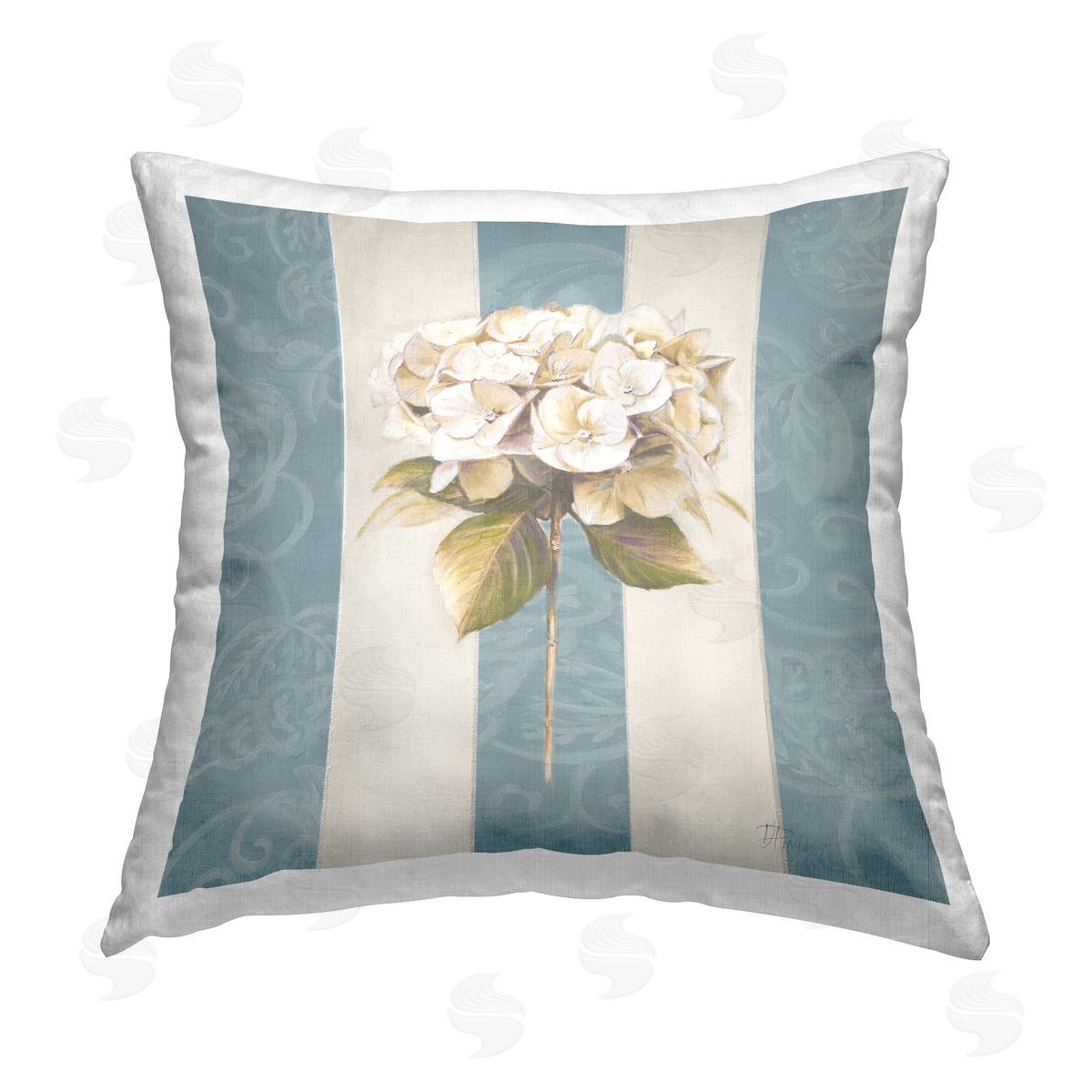 Patricia Pinto Hydrangea Sprig on Stripes Printed Plush Polyester Throw Pillow