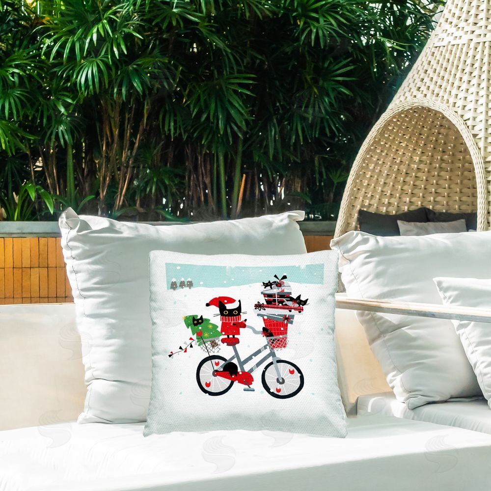 Leeza Hernandez Holiday Catmas Bicycle Outdoor Quick-Dry Polyester Printed Throw Pillow in Back Yard