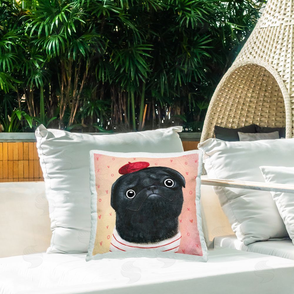 Leeza Hernandez Happy Pug In Paris Outdoor Quick-Dry Polyester Printed Throw Pillow in Back Yard