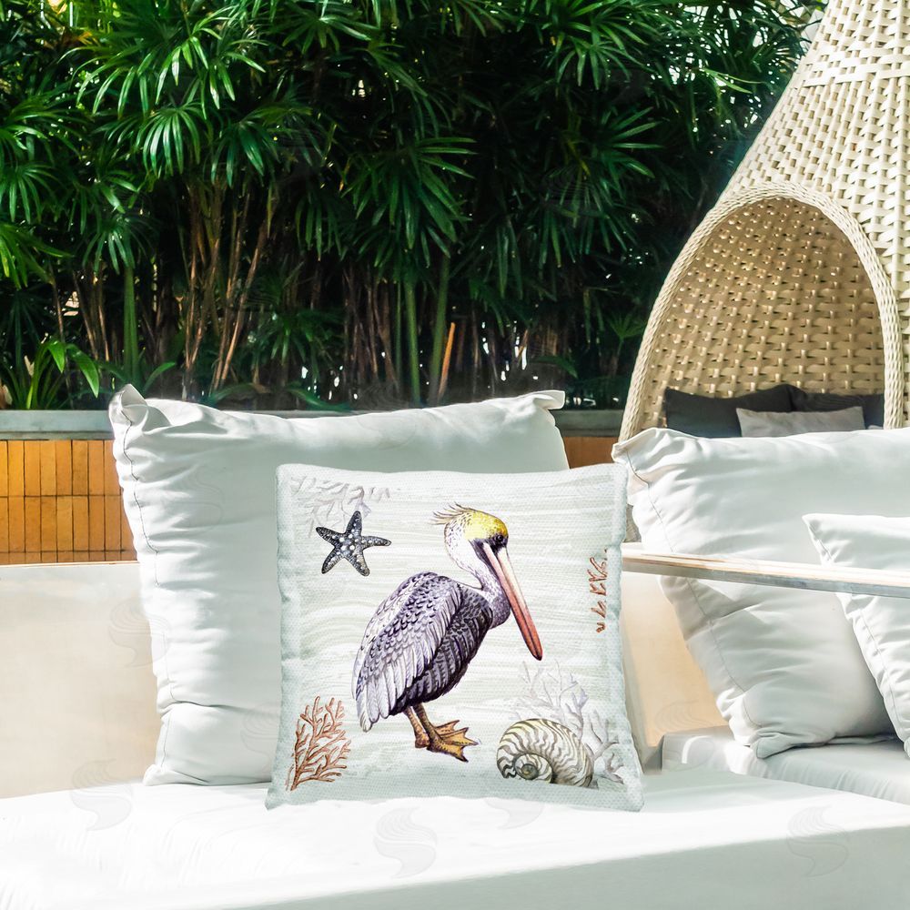 Elena Vladykina Beach Bird Pelican Outdoor Quick-Dry Polyester Printed Throw Pillow in Back Yard