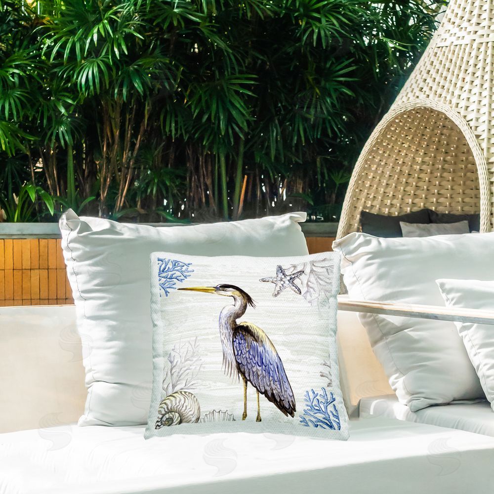 Elena Vladykina Beach Bird Heron & Coral Outdoor Quick-Dry Polyester Printed Throw Pillow in Back Yard