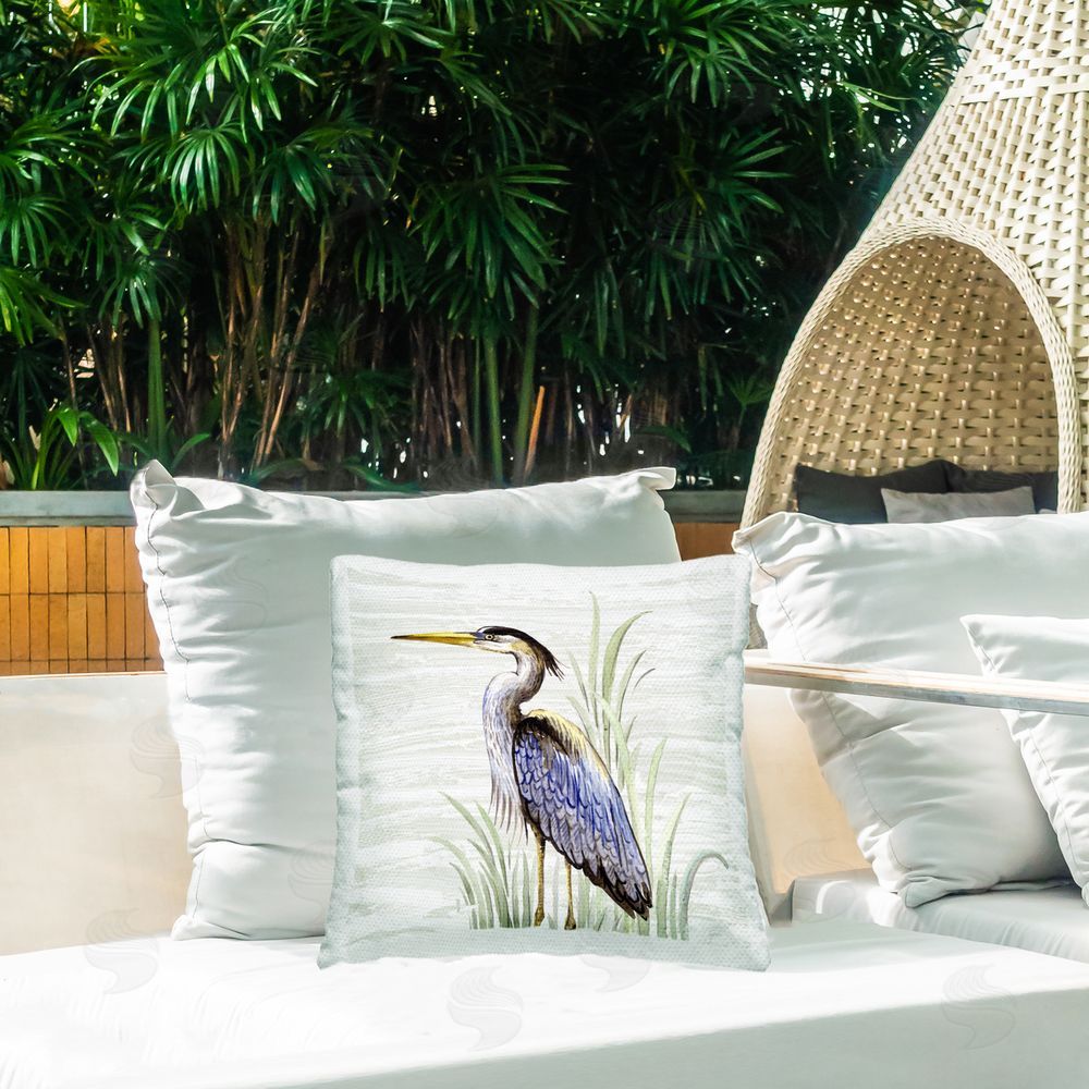 Elena Vladykina Beach Bird Simple Heron Outdoor Quick-Dry Polyester Printed Throw Pillow in Back Yard
