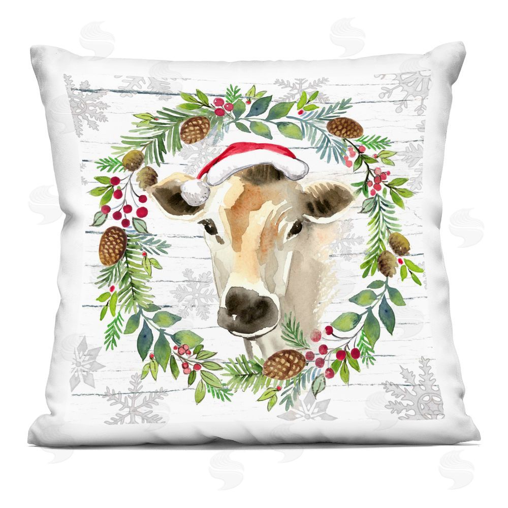 Elena Vladykina Winter Farmhouse Cow Wreath Printed Plush Polyester Throw Pillow