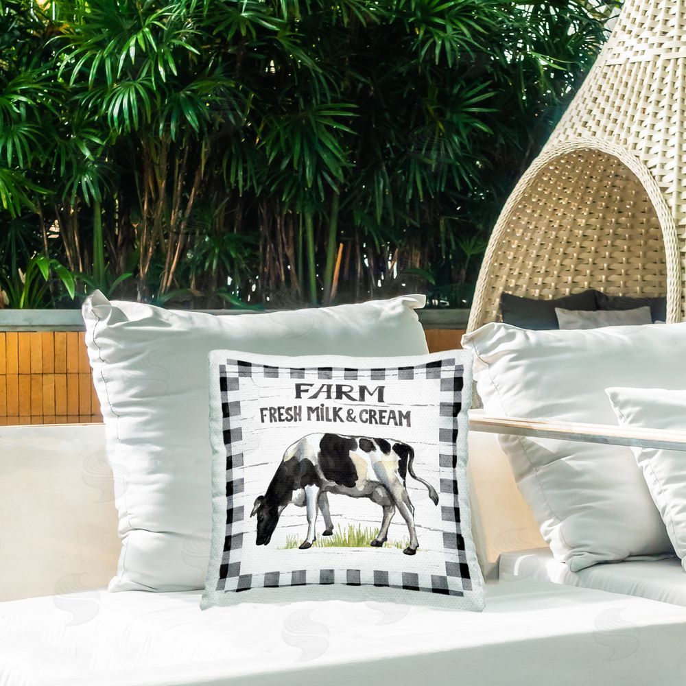 Elena Vladykina Spring Cow with Border Outdoor Quick-Dry Polyester Printed Throw Pillow in Back Yard