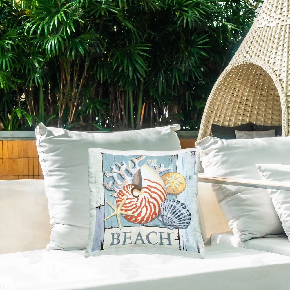 Jennifer Brinley rep. Levison Designs Distressed Beach Shells Outdoor Quick-Dry Polyester Printed Throw Pillow in Back Yard