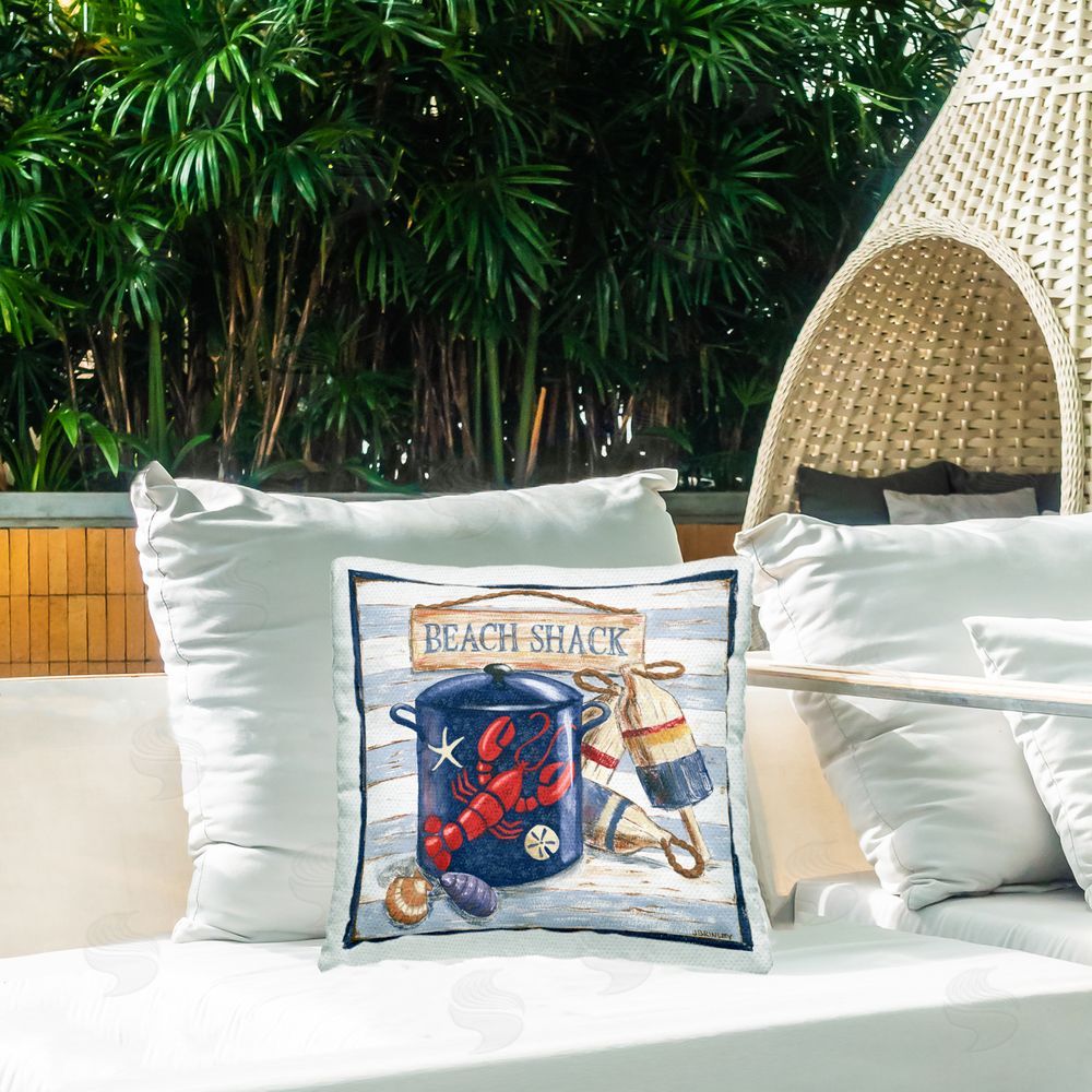Jennifer Brinley rep. Levison Designs Beach Shack on Stripes Outdoor Quick-Dry Polyester Printed Throw Pillow in Back Yard
