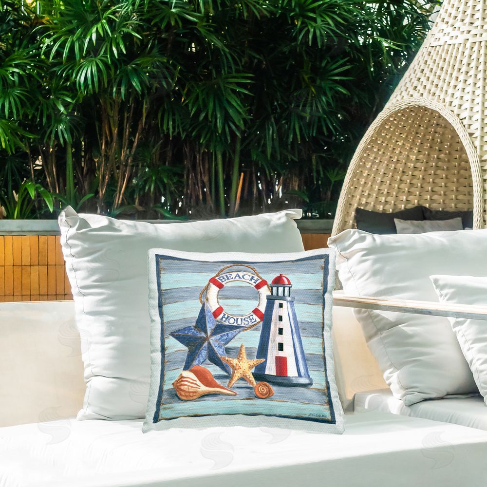 Jennifer Brinley rep. Levison Designs Rustic Beach House on Stripes Outdoor Quick-Dry Polyester Printed Throw Pillow in Back Yard