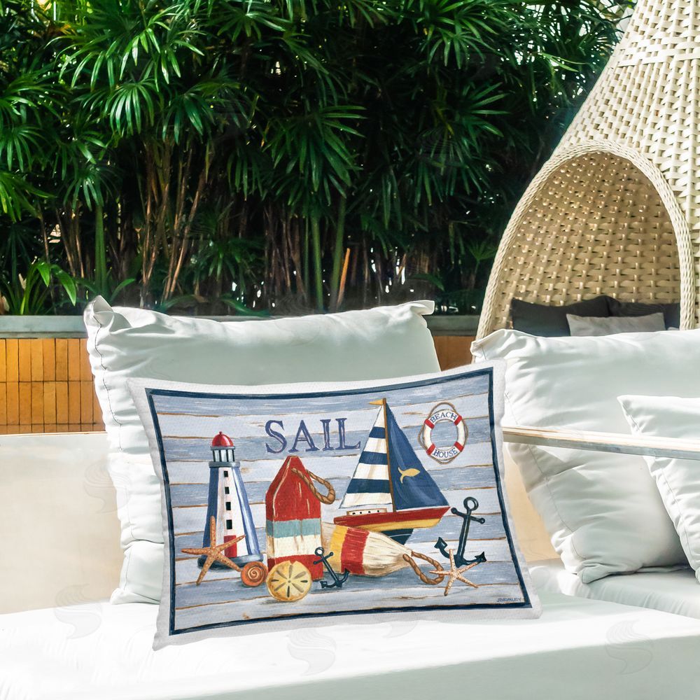 Jennifer Brinley rep. Levison Designs Striped Nautical Still Life Outdoor Quick-Dry Polyester Printed Throw Pillow in Back Yard