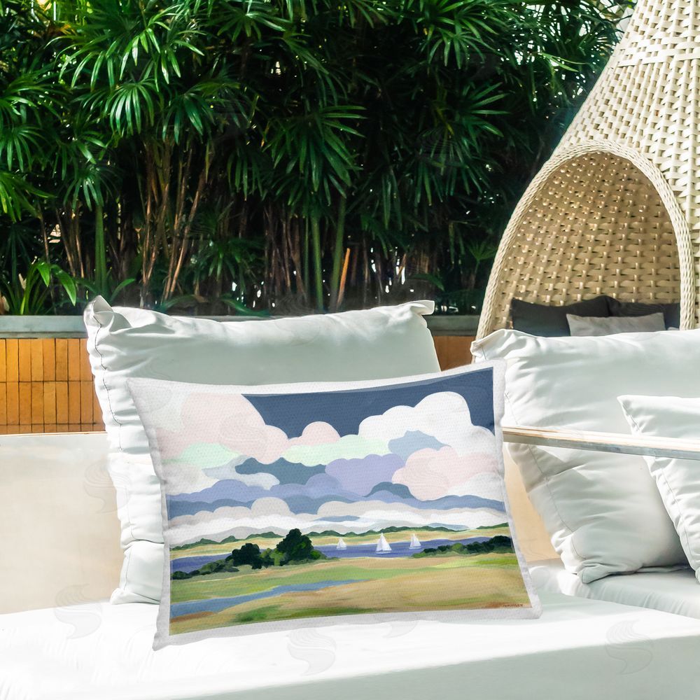 Jennifer Brinley rep. Levison Designs Billowing Clouds Countryside Outdoor Quick-Dry Polyester Printed Throw Pillow in Back Yard