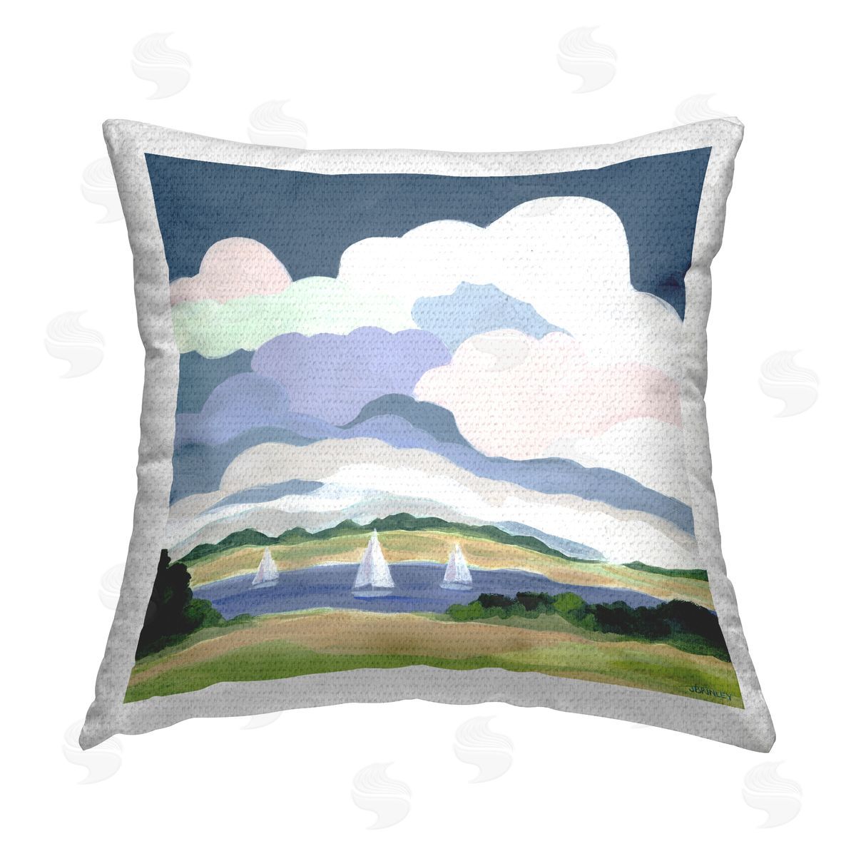 Jennifer Brinley rep. Levison Designs Lake Sailboats with Clouds Outdoor Quick-Dry Polyester Printed Throw Pillow