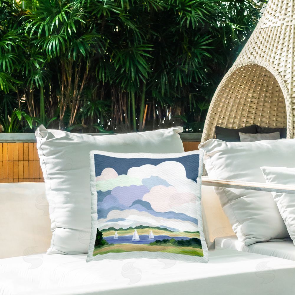 Jennifer Brinley rep. Levison Designs Lake Sailboats with Clouds Outdoor Quick-Dry Polyester Printed Throw Pillow in Back Yard
