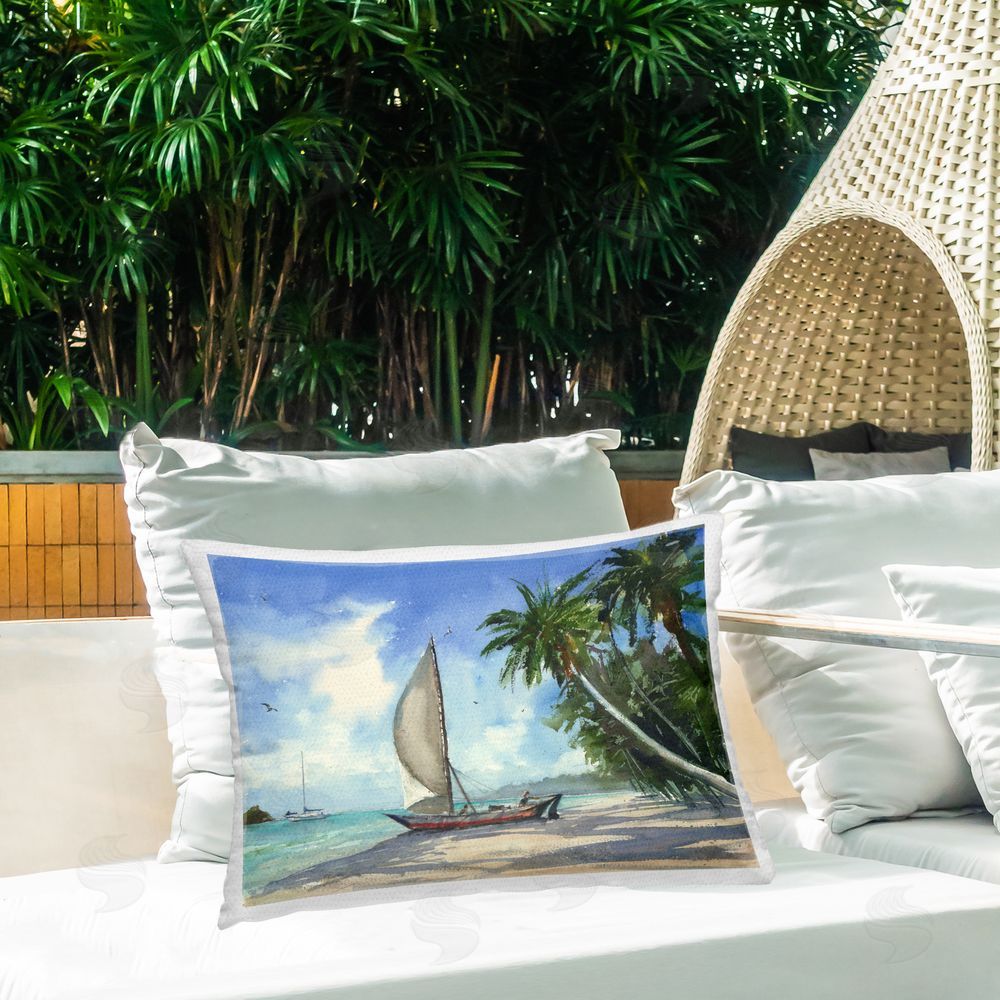 Geoff Allen High & Dry Boat on Shore Outdoor Quick-Dry Polyester Printed Throw Pillow in Back Yard