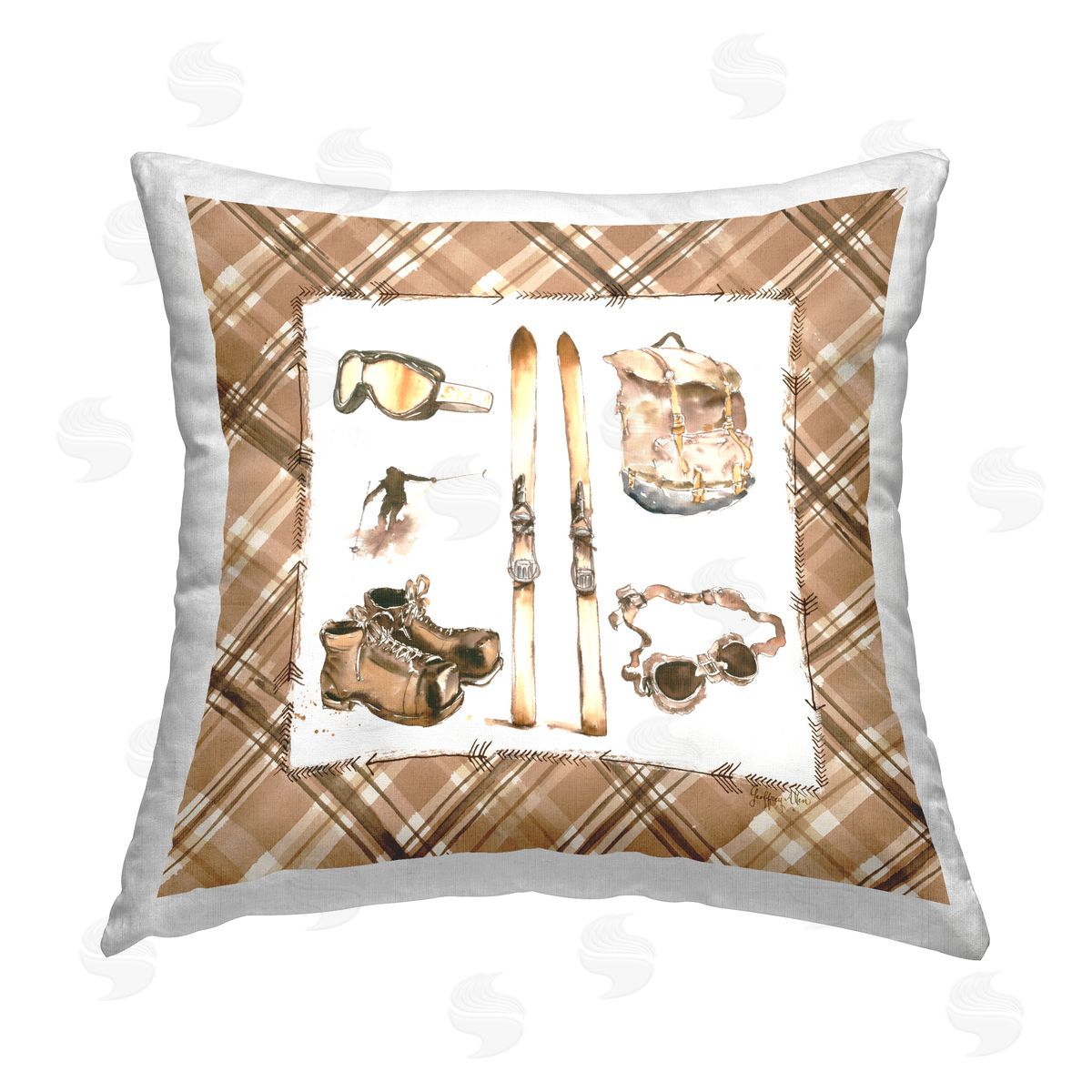 Geoff Allen Winter Sports on Plaid Printed Plush Polyester Throw Pillow
