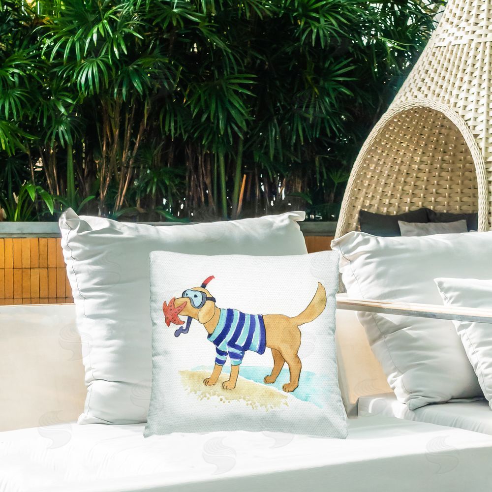 Geoff Allen Sandy Dog with Snorkel Outdoor Quick-Dry Polyester Printed Throw Pillow in Back Yard