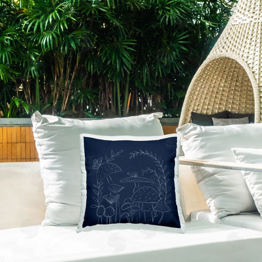 Lucille Price Mushrooms on Blue Outdoor Quick-Dry Polyester Printed Throw Pillow in Back Yard
