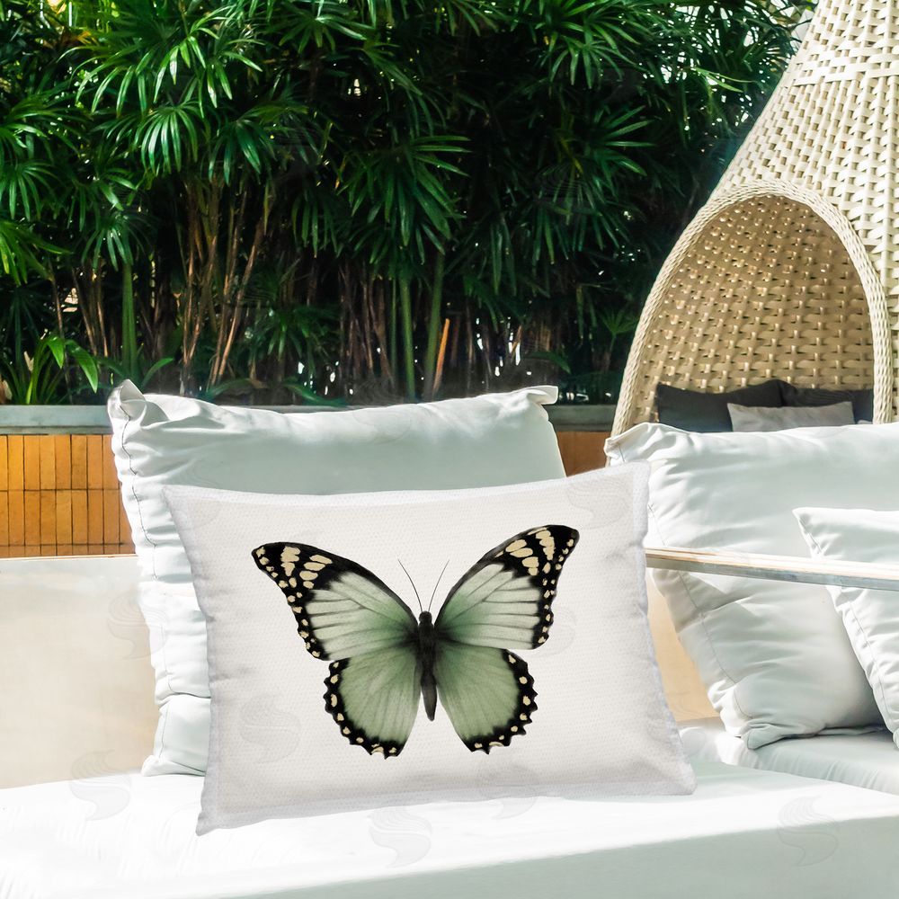 Elizabeth Medley Green Symmetrical Butterfly Outdoor Quick-Dry Polyester Printed Throw Pillow in Back Yard