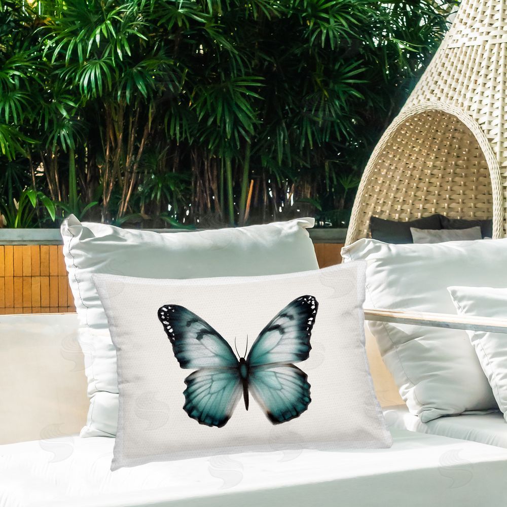 Elizabeth Medley Teal Symmetrical Butterfly Outdoor Quick-Dry Polyester Printed Throw Pillow in Back Yard