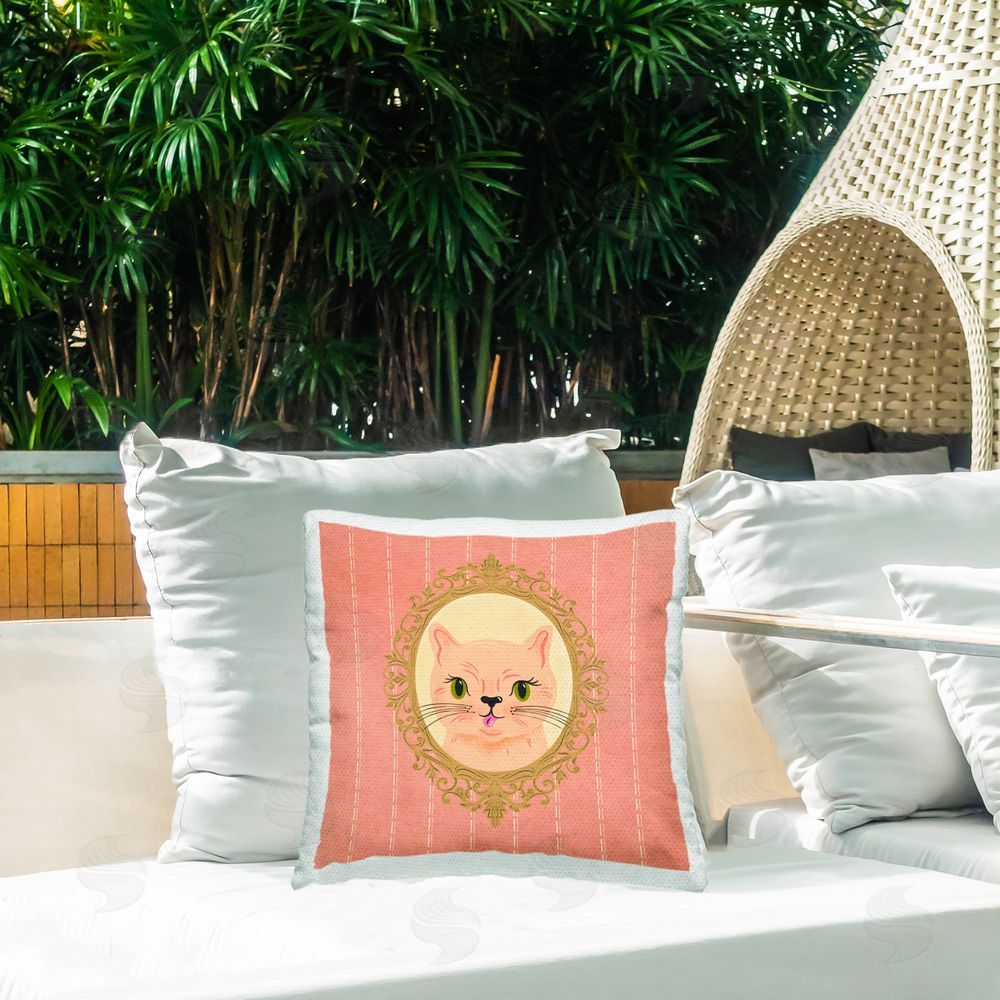 Carrie Cantwell Peach Cat Portrait Outdoor Quick-Dry Polyester Printed Throw Pillow in Back Yard