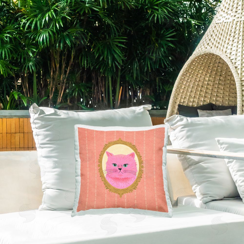 Carrie Cantwell Pink Cat Portrait Outdoor Quick-Dry Polyester Printed Throw Pillow in Back Yard