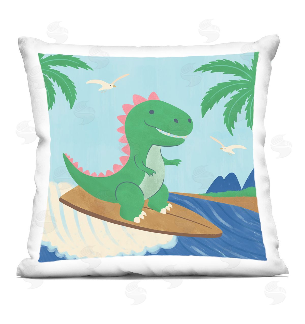 Carrie Cantwell Baby Surfing Dino Printed Plush Polyester Throw Pillow