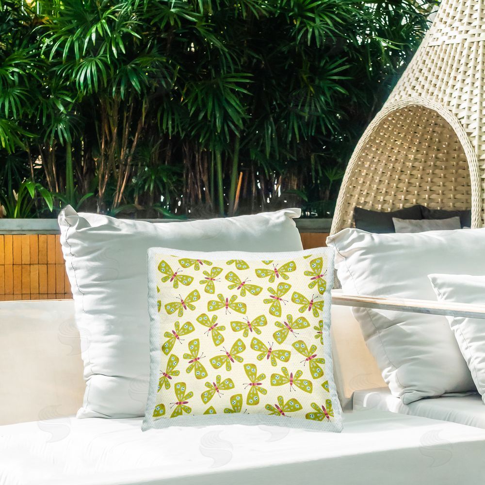 Leeza Hernandez Green Whimsical Butterflies Outdoor Quick-Dry Polyester Printed Throw Pillow in Back Yard