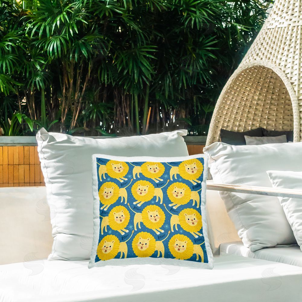 Leeza Hernandez Fun Lions on Blue Outdoor Quick-Dry Polyester Printed Throw Pillow in Back Yard