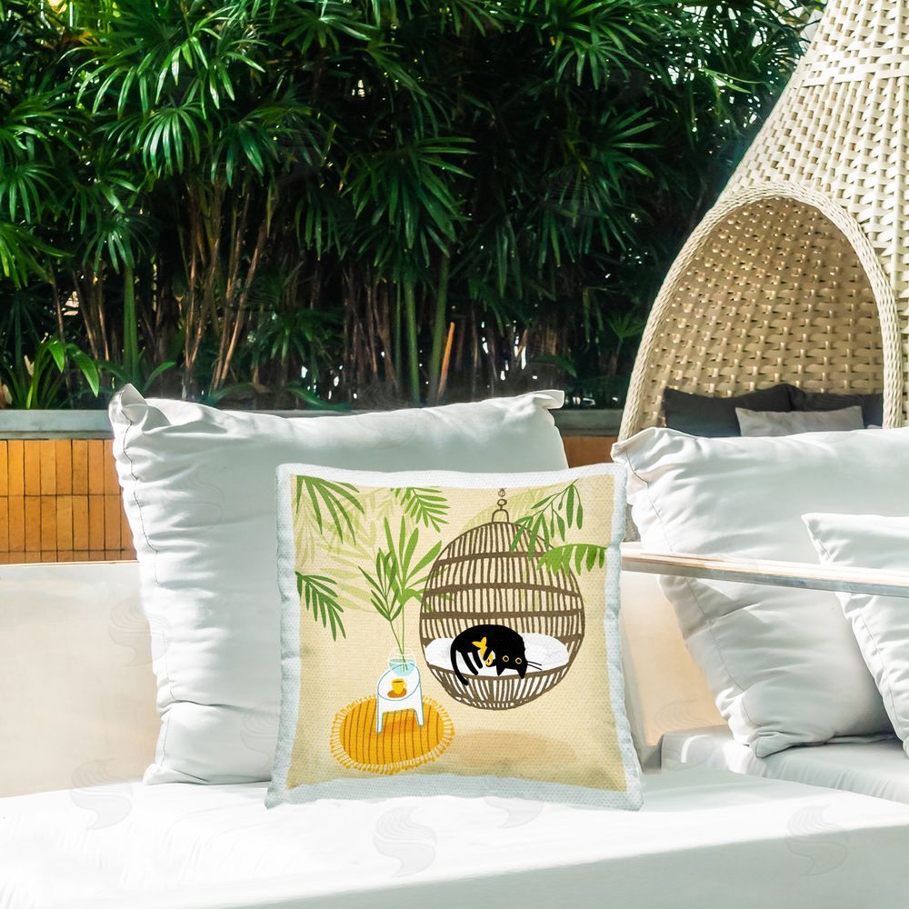 Leeza Hernandez Sleepy Cats on Porch Swing Outdoor Quick-Dry Polyester Printed Throw Pillow in Back Yard