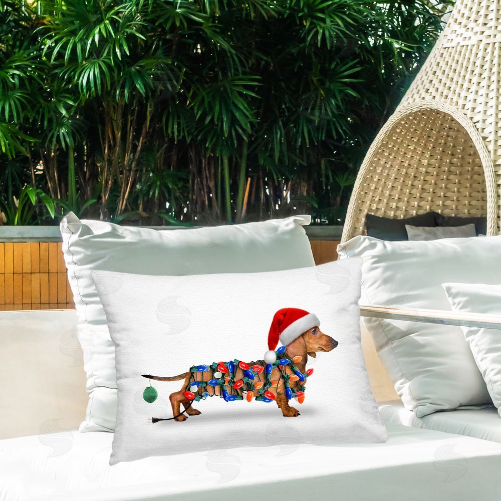 John Hovenstine Christmas Lights Wrapped Dog Outdoor Quick-Dry Polyester Printed Throw Pillow in Back Yard