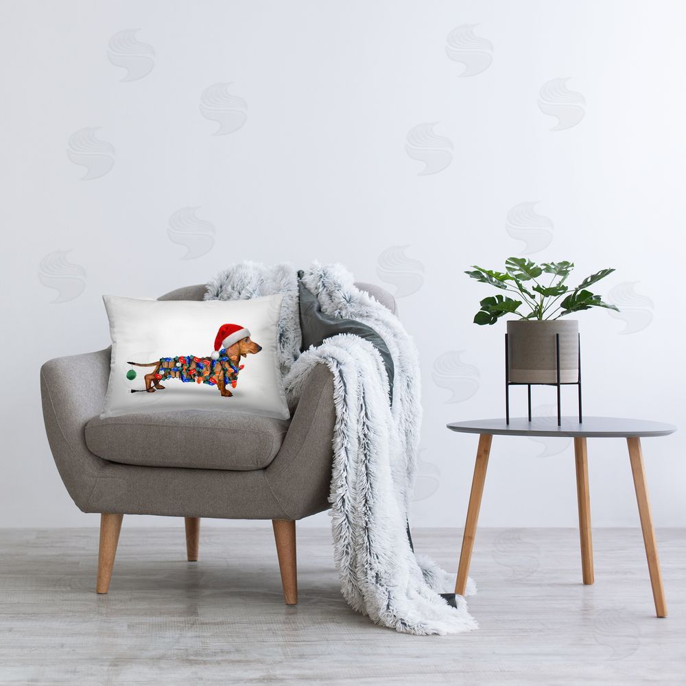 John Hovenstine Christmas Lights Wrapped Dog Printed Plush Polyester Throw Pillow On Chair