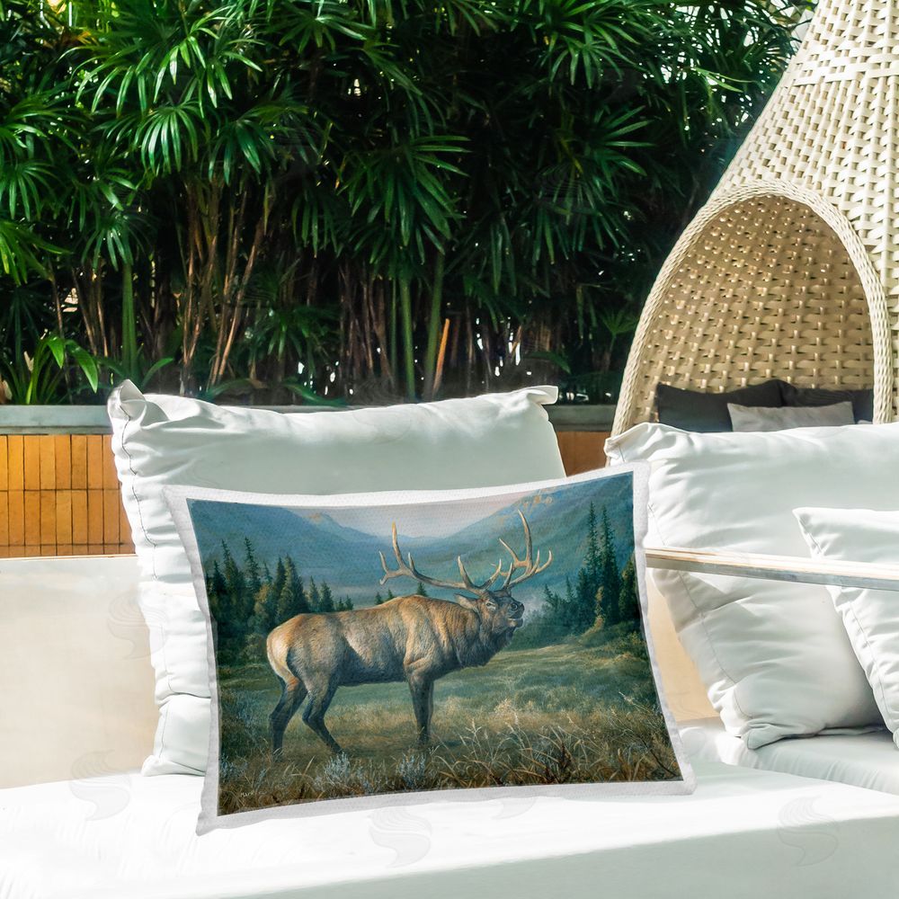 Laura Mark-Finberg Powerful Elk in Field Outdoor Quick-Dry Polyester Printed Throw Pillow in Back Yard