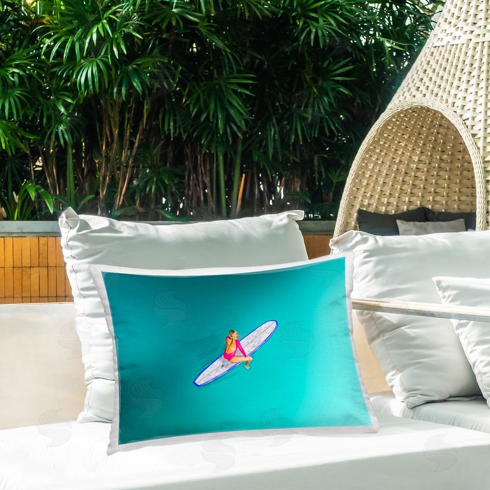 Amelia Noyes Sitting on Peaceful Surfboard Outdoor Quick-Dry Polyester Printed Throw Pillow in Back Yard