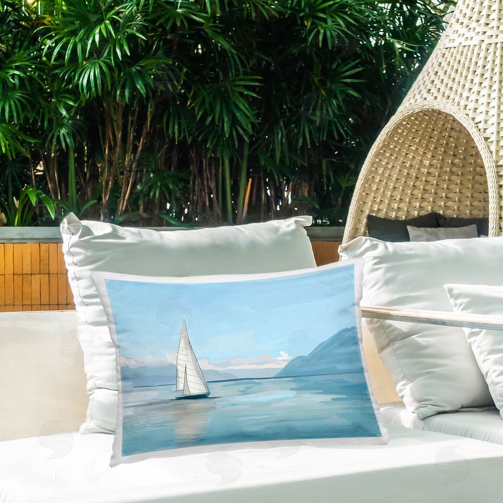 Amelia Noyes Peaceful Sailboat on Water Outdoor Quick-Dry Polyester Printed Throw Pillow in Back Yard