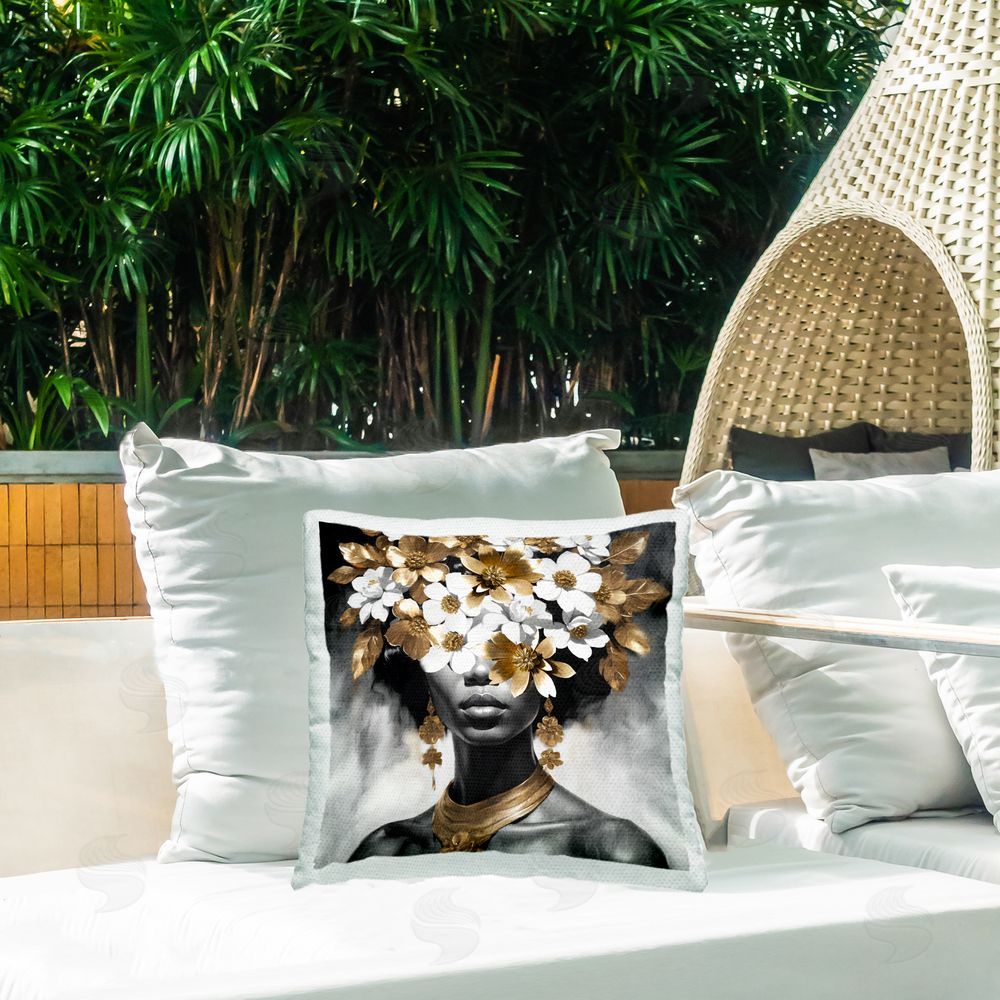 Kim Allen Woman & Gold Flowers Outdoor Quick-Dry Polyester Printed Throw Pillow in Back Yard