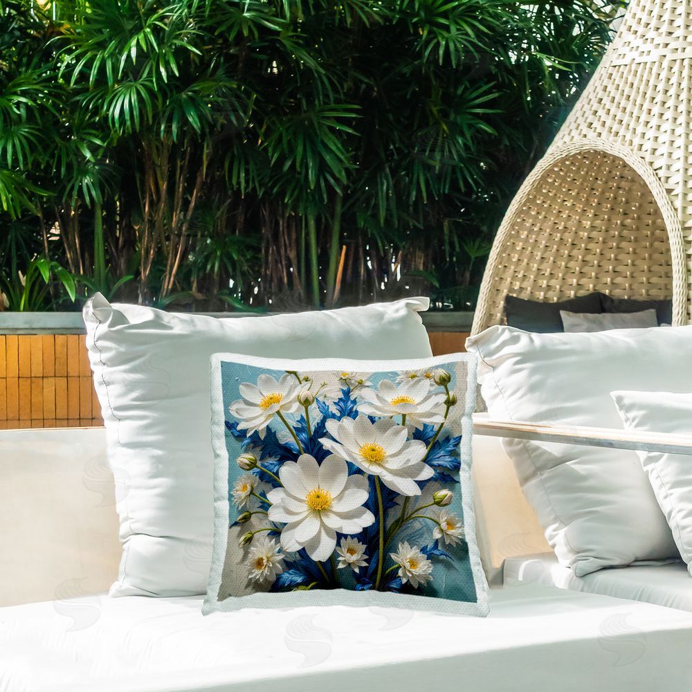 Yuri Khrushch Magnolias & Blue Florals Outdoor Quick-Dry Polyester Printed Throw Pillow in Back Yard
