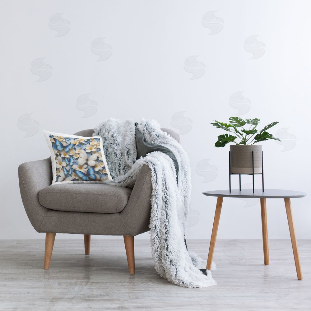 Yuri Khrushch Blue & White Floral Butterflies Printed Plush Polyester Throw Pillow On Chair