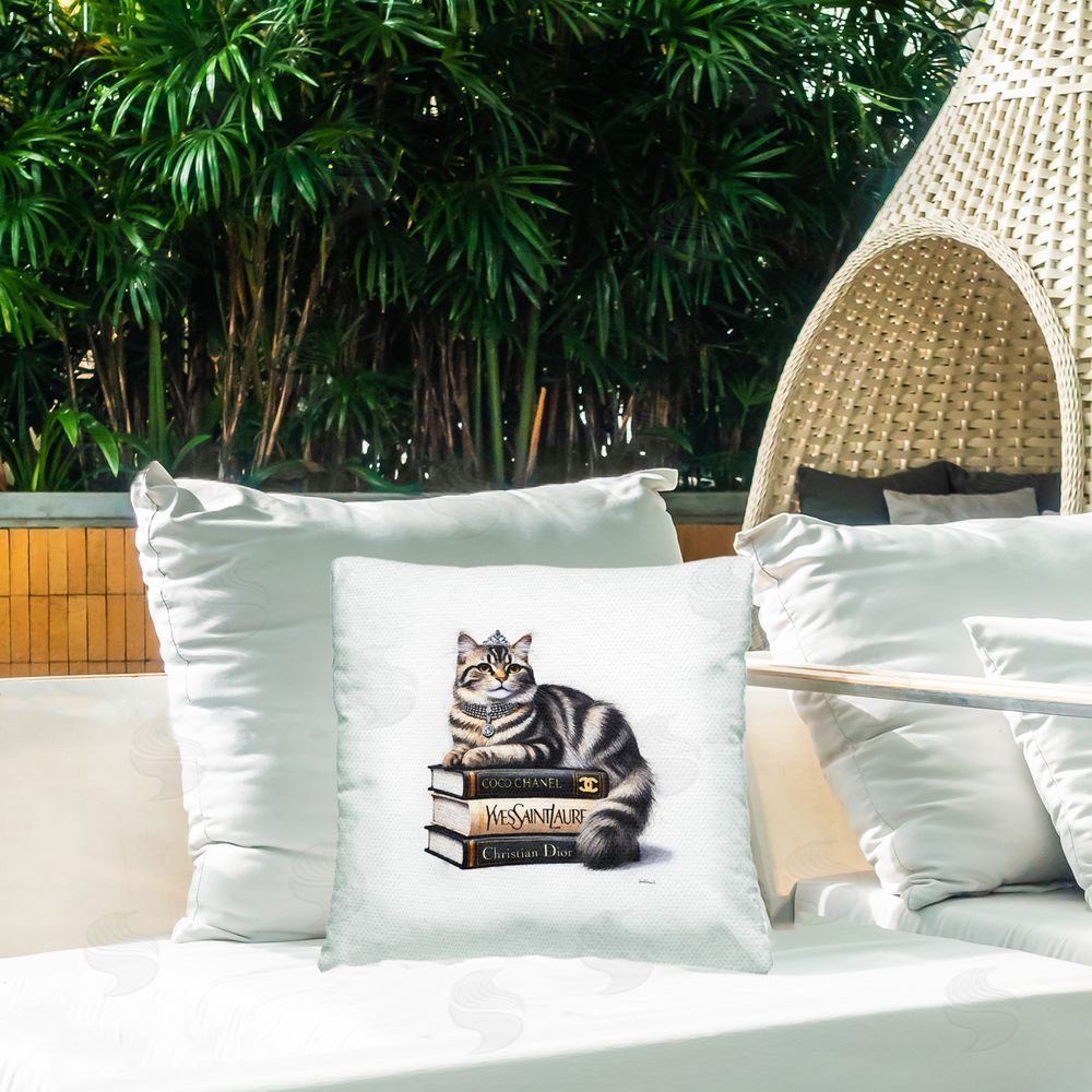 Amanda Greenwood Fashion Books & Cat Outdoor Quick-Dry Polyester Printed Throw Pillow in Back Yard
