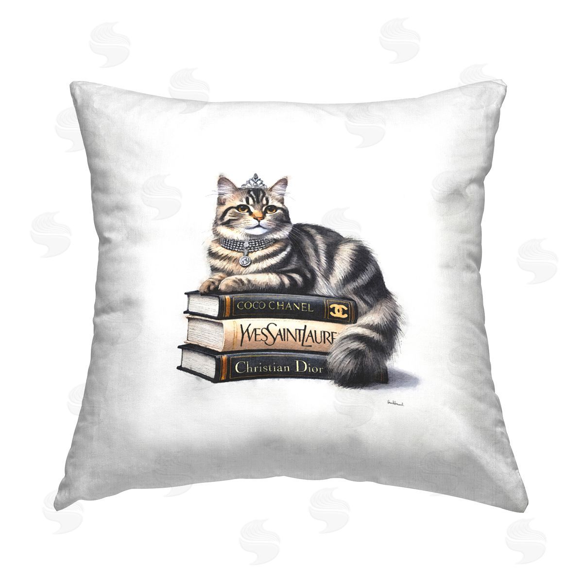 Amanda Greenwood Fashion Books & Cat Printed Plush Polyester Throw Pillow